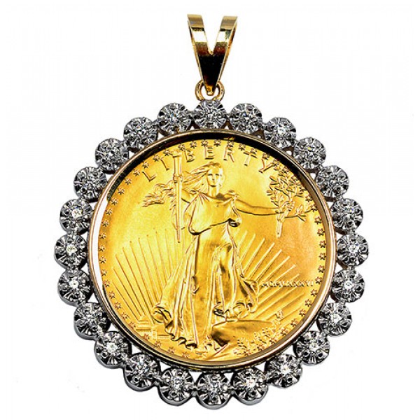 14KT GOLD DIAMOND PENDANT U.S. 1 oz. Eagle Gold Coin 1.00 cts. (coin excluded)